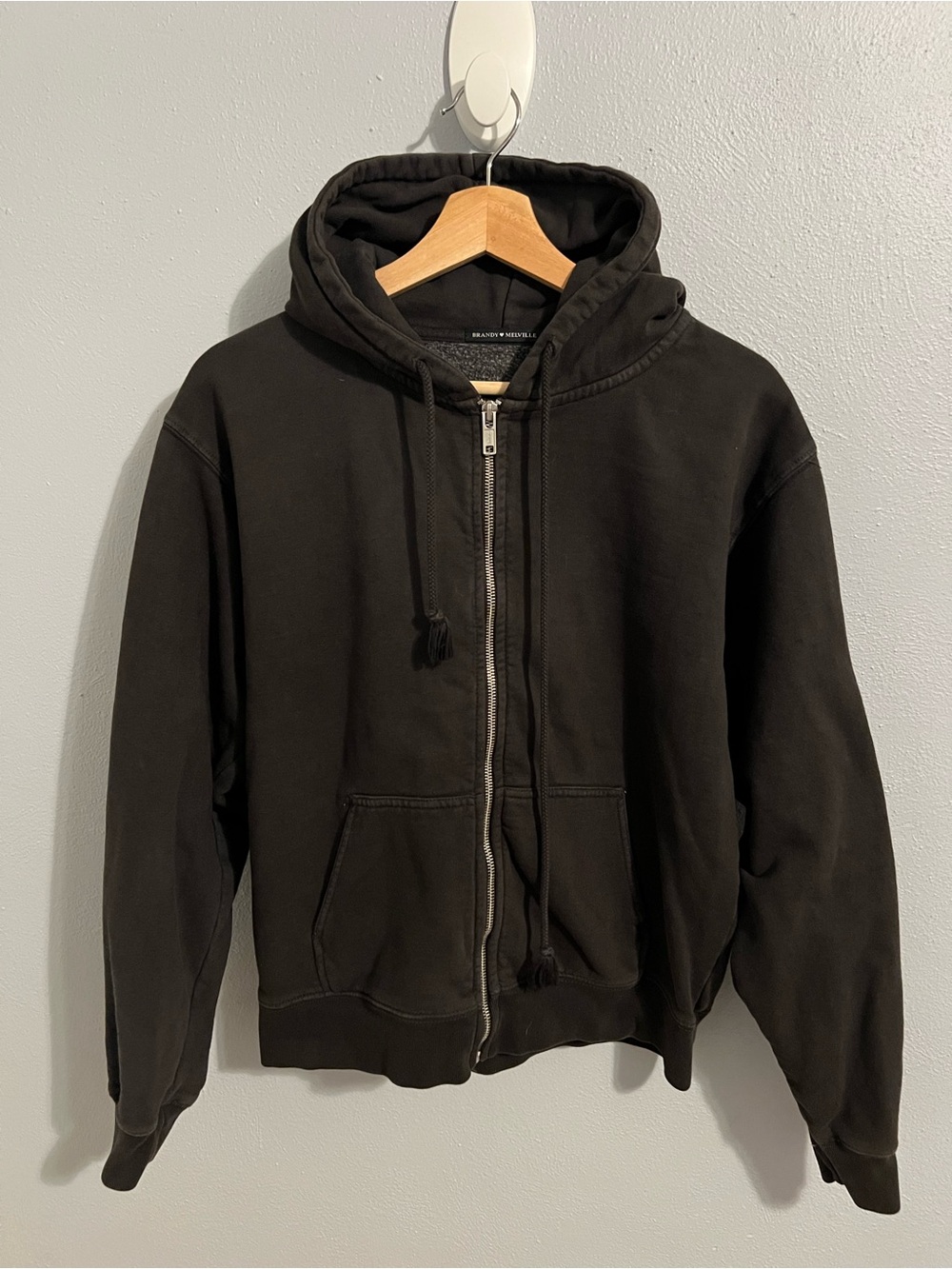 Brandy Melville Black Zip-Up Hoodie with Drawstring Hood